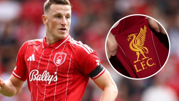 Chris Wood playing for Nottingham Forest in the Premier League alongside an inset of a Liverpool badge.