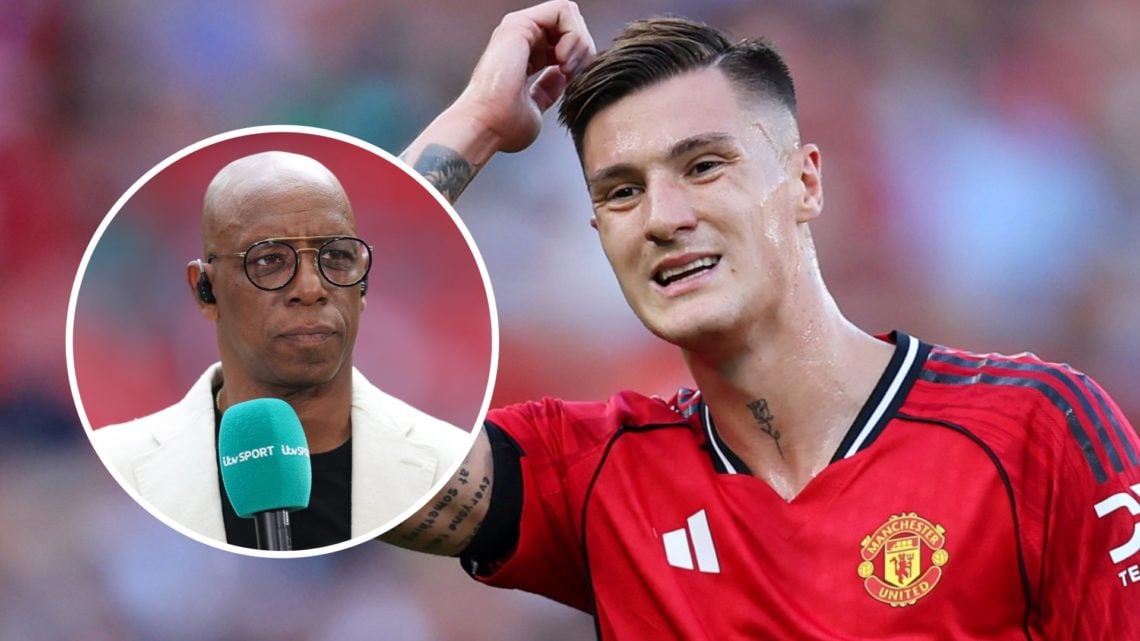 Manchester United striker Benjamin Sesko whilst playing against Arsenal alongside and image of Ian Wright.