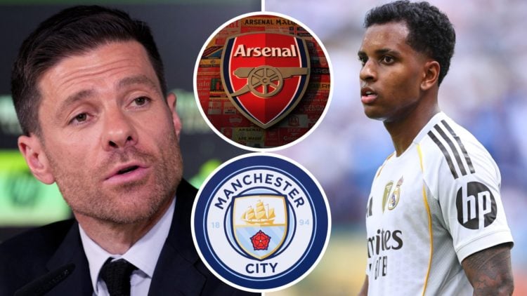 Xabi Alonso and Rodrygo Goes split image with Manchester City and Arsenal badges