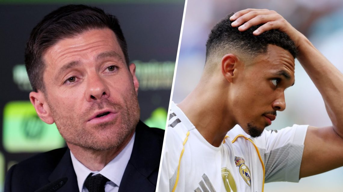 Coach Xabi Alonso of Real Madrid during press conference at Valdebebas training ground (Left) Trent Alexander-Arnold #12 of Real Madrid C. F. react...