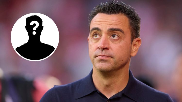 Image of Xavi Hernandez looking on during a Barcelona game with an inset of a mystery player