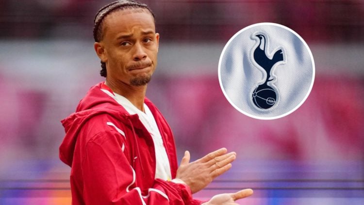 Xavi Simons in action for RB Leipzig. Inset, the Tottenham Hotspur badge