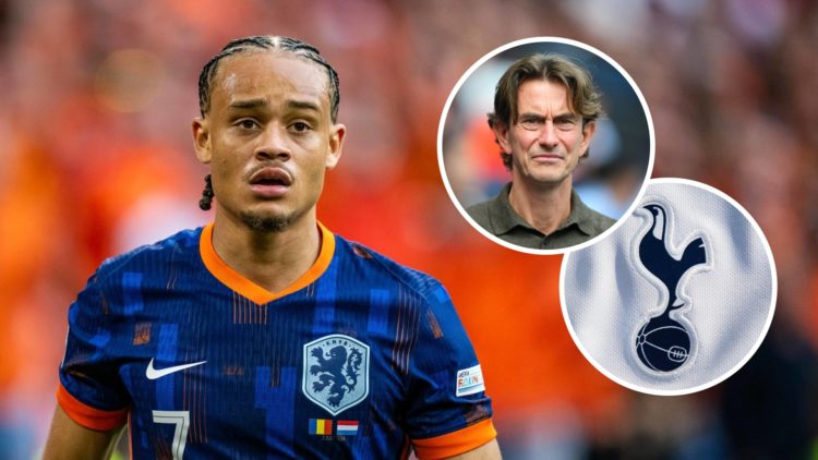Netherlands playmaker Xavi Simons looks on. Inset, the Tottenham Hotspur badge and Tottenham Hotspur manager Thomas Frank