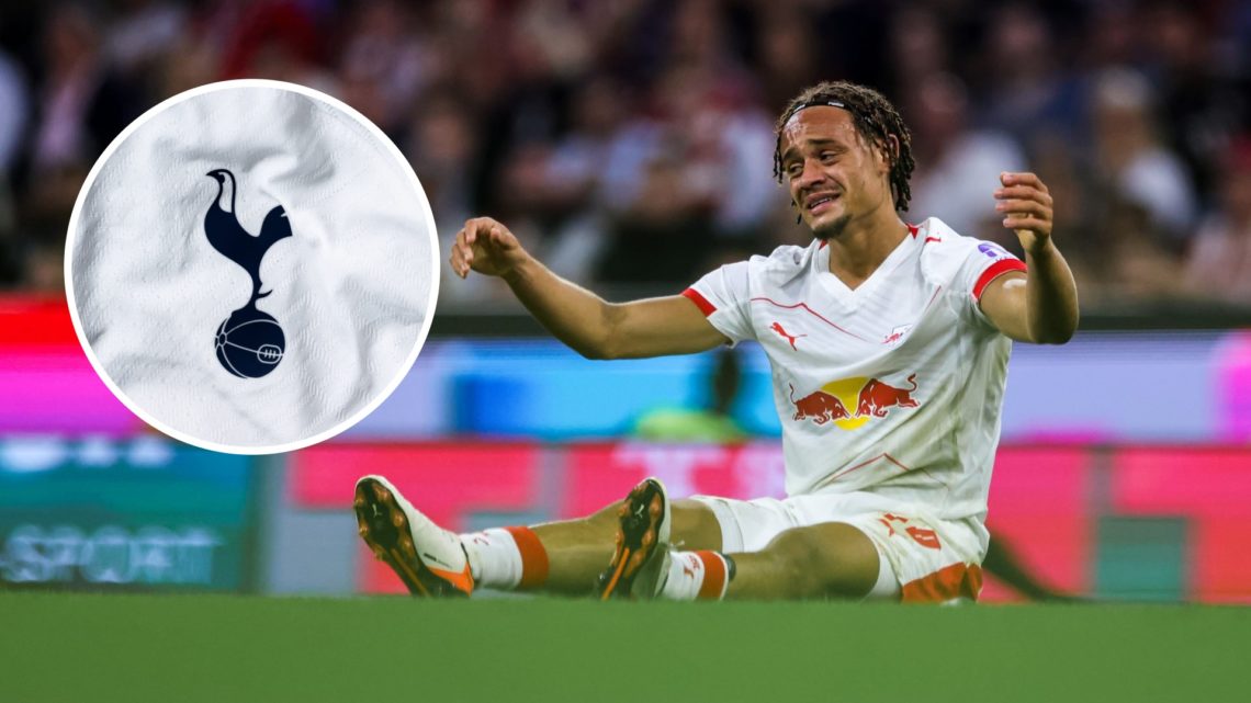 Xavi Simons looks dejected during a Premier League clash between RB Leipzig and Bayern Munich, Tottenham badge inset