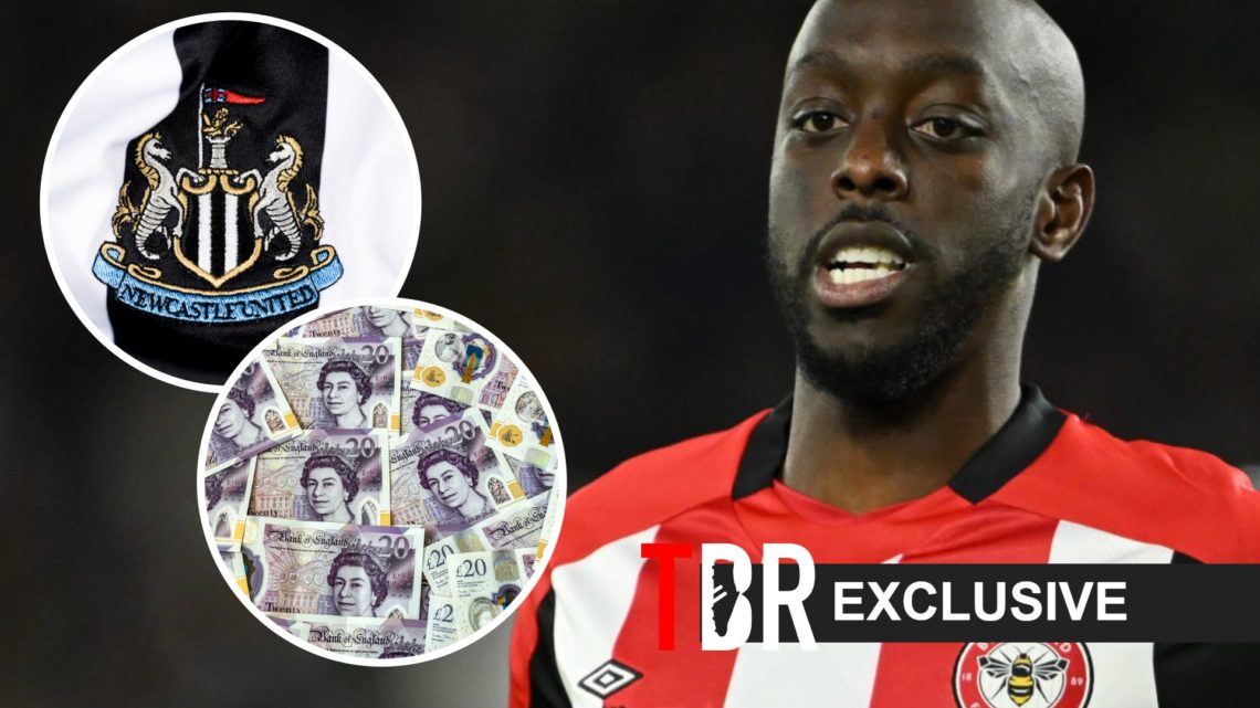 Yoane Wissa of Brentford looks on (right), Newcastle badge and money overlay (left)