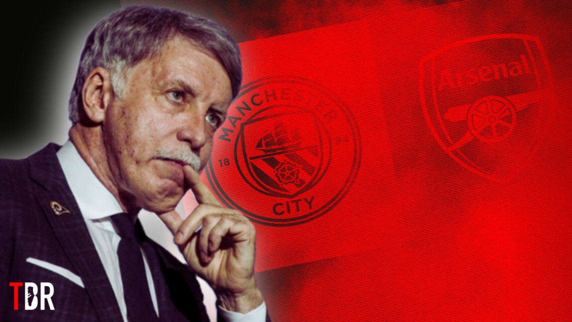 Split image of Stan Kroenke with Arsenal and Manchester City badges inset, with TBR Football logo
