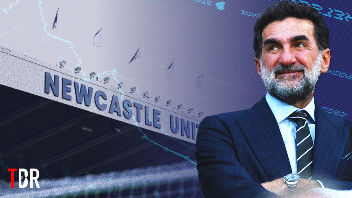Split image of Newcastle United and PIF chairman Yasir Al-Rumayyan overlaid on St James' Park, with TBR Football logo