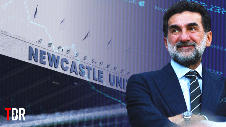 Split image of Newcastle United and PIF chairman Yasir Al-Rumayyan overlaid on St James' Park, with TBR Football logo
