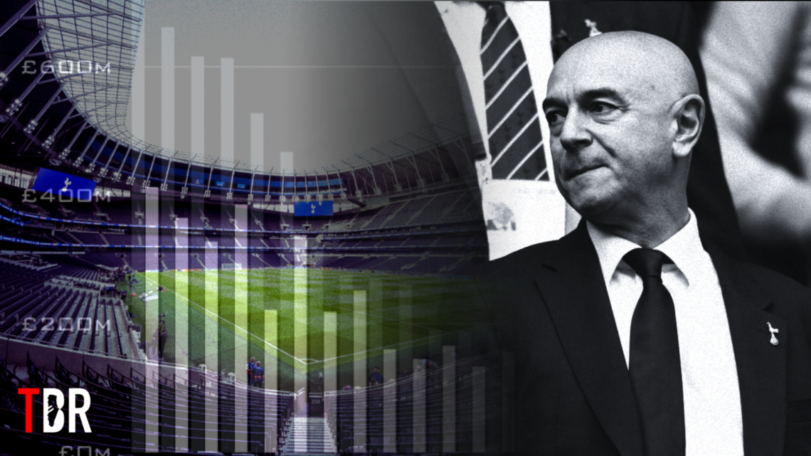 Daniel Levy, split image with general view of Tottenham Hotspur Stadium and TBR Football logo