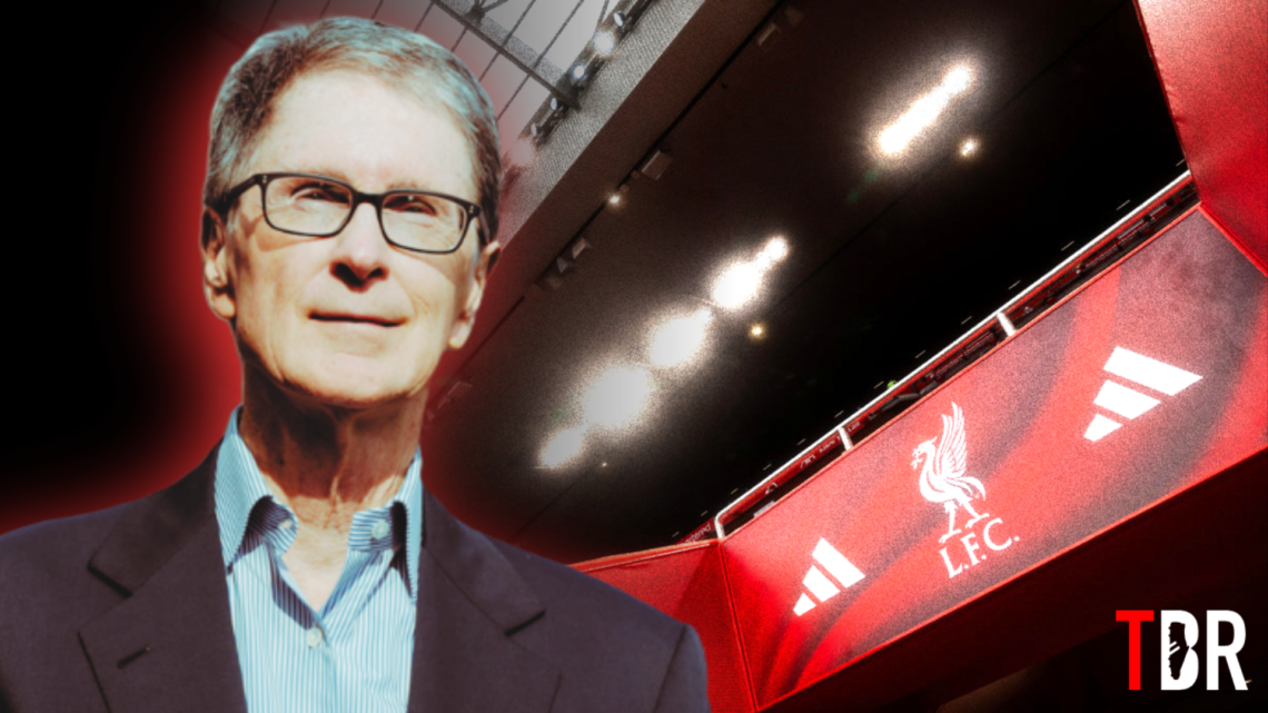 Split image showing Liverpool co-owner John Henry and signage at Anfield