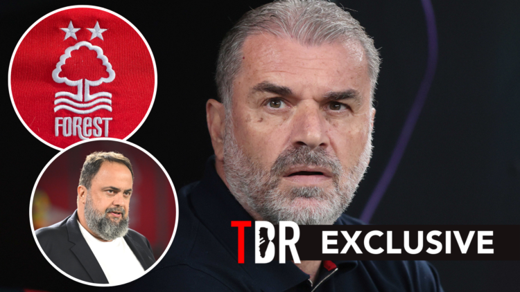 Ange Postecoglou during Europa League final. Inset of Nottingham Forest badge and Evangelos Marinakis.