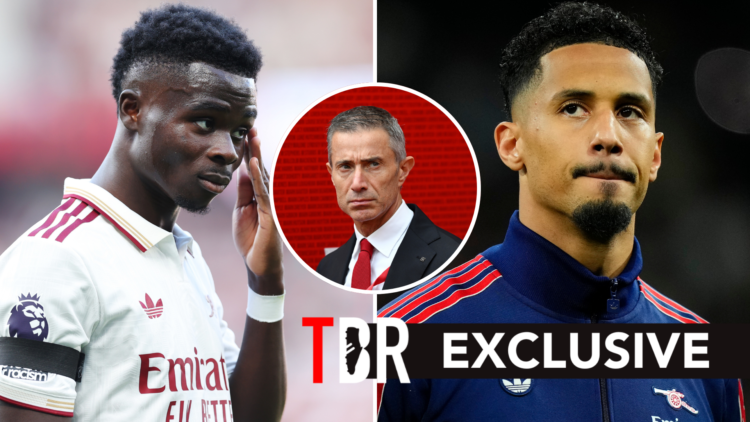 Split image of Arsenal attacker Bukayo Saka (L) and Arsenal defender William Saliba (R). Inset of Andrea Berta.