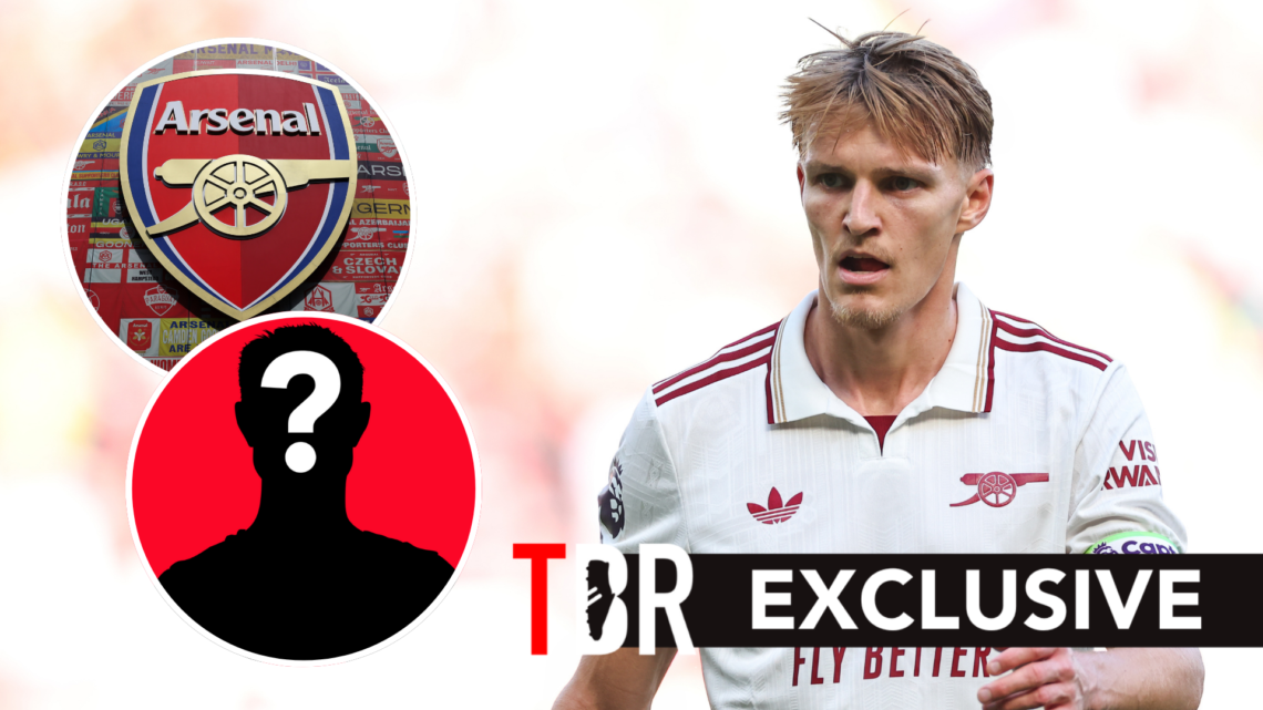 Arsenal midfielder Martin Odegaard during Premier League match. Inset of Arsenal badge and a mystery player.