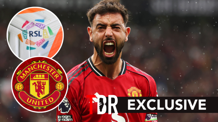 Manchester United captain Bruno Fernandes celebrates vs Burnley. Inset of Saudi Pro League ball and Manchester United bagde.