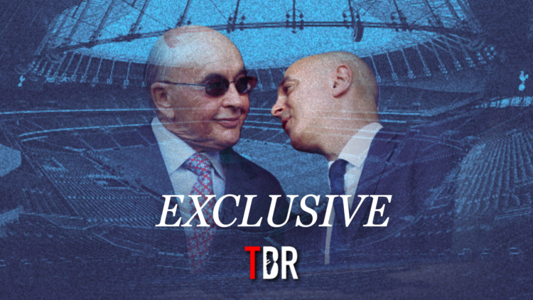 Illustration image with Joe Lewis and Daniel Levy superimposed over a general view of the Tottenham Hotspur Stadium and the TBR Football logo
