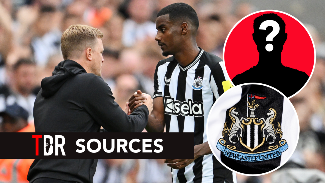 Eddie Howe and Alexander Isak during Newcastle United match. Inset of a mystery player and Newcastle badge.