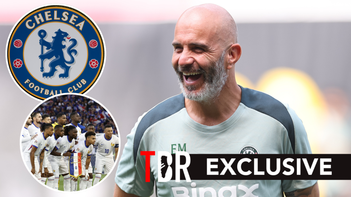 Enzo Maresca ahead of FIFA Club World Cup match. Inset of Chelsea badge and Mike Maignan.