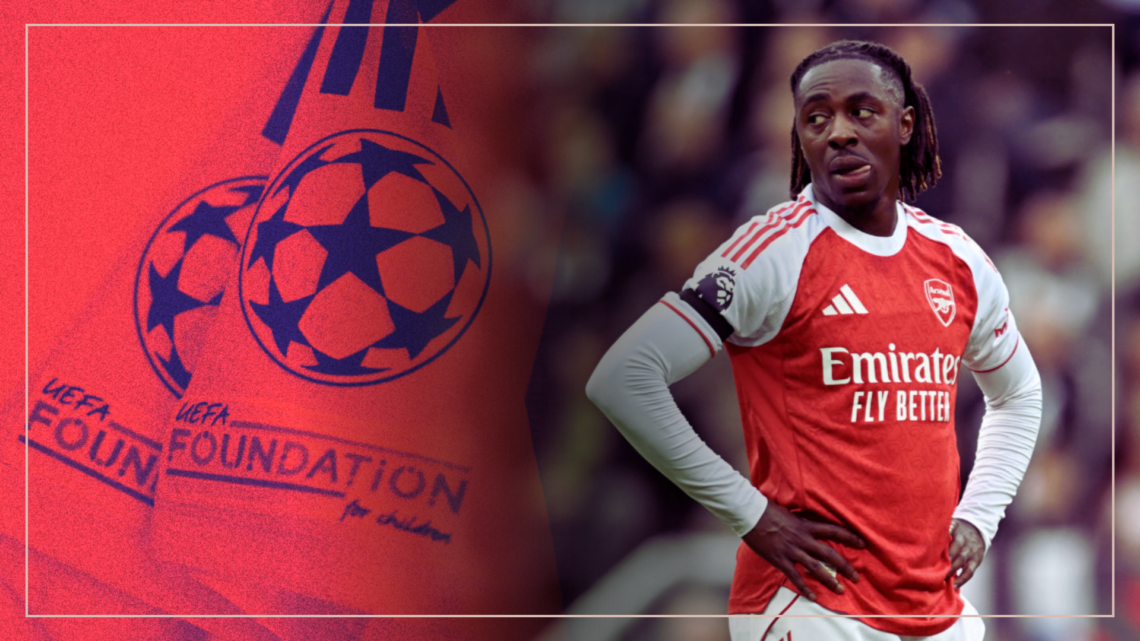 Split image of Arsenal's Eberechi Eze and the Champions League logo