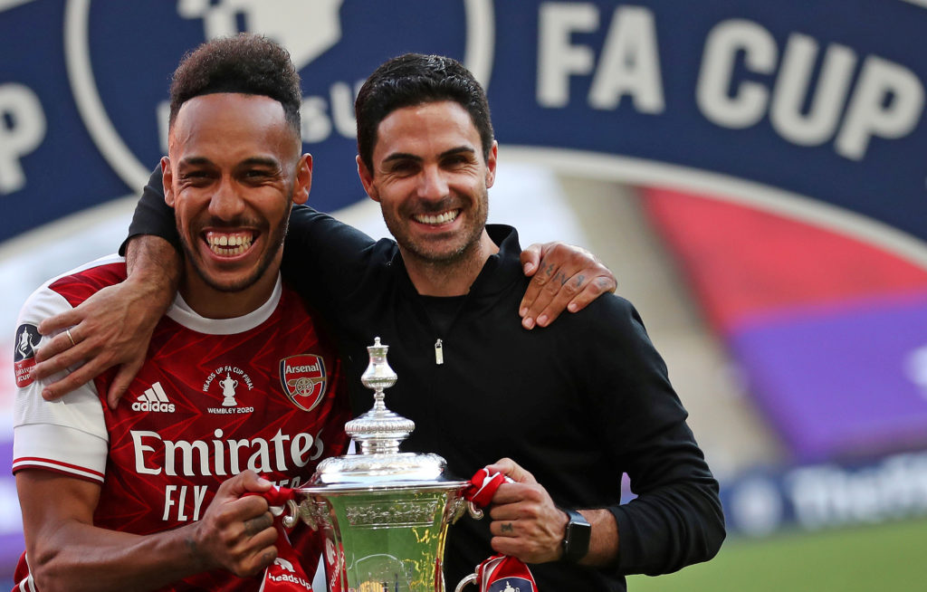 Mikel Arteta and Pierre-Emerick Aubameyang celebrate winning the FA Cup with Arsenal