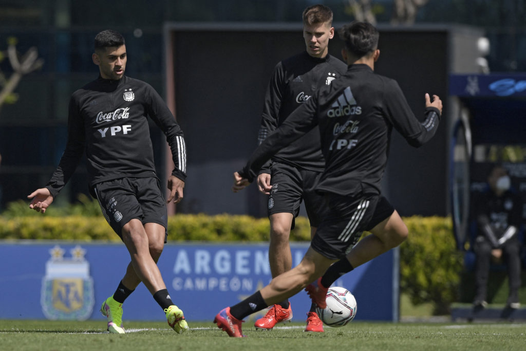Tottenham defender Cristian Romero and Villarreal's Juan Foyth during training session.