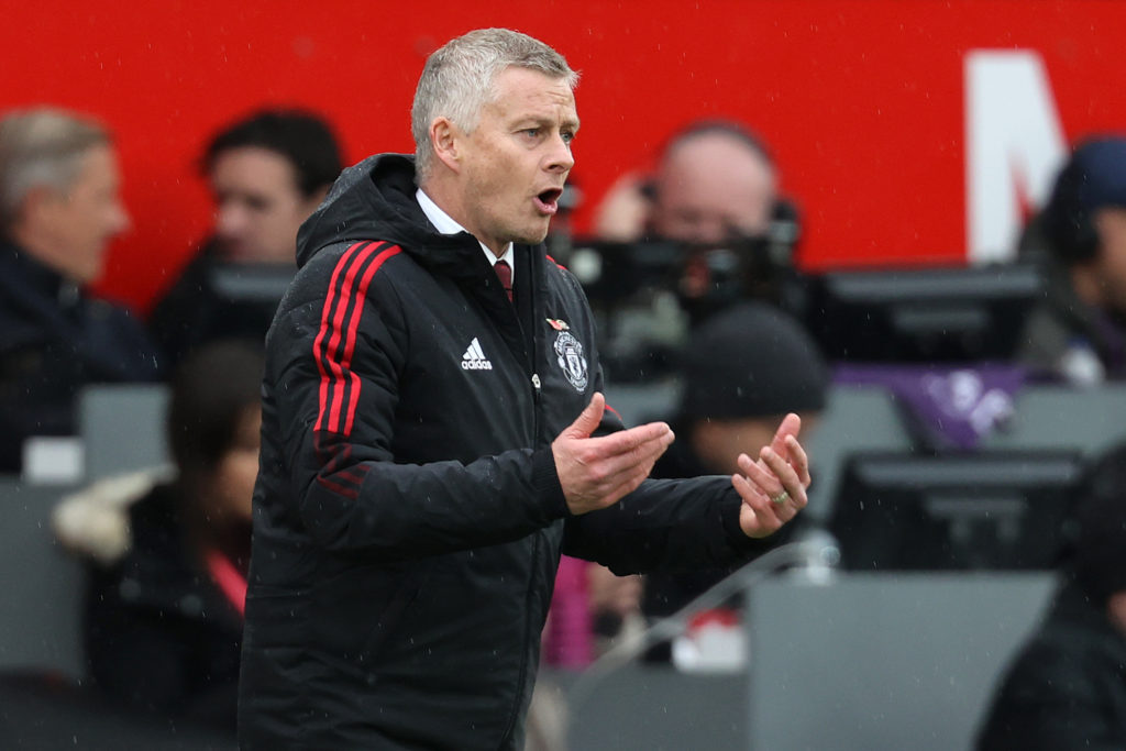 Former Manchester United manager Ole Gunnar Solskjaer encourages his players on the touchline at Old Trafford