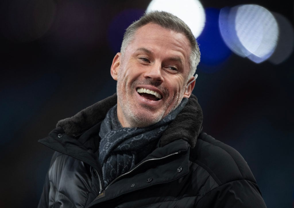Jamie Carragher smiles during Aston Villa v Sheffield United in the Premier League