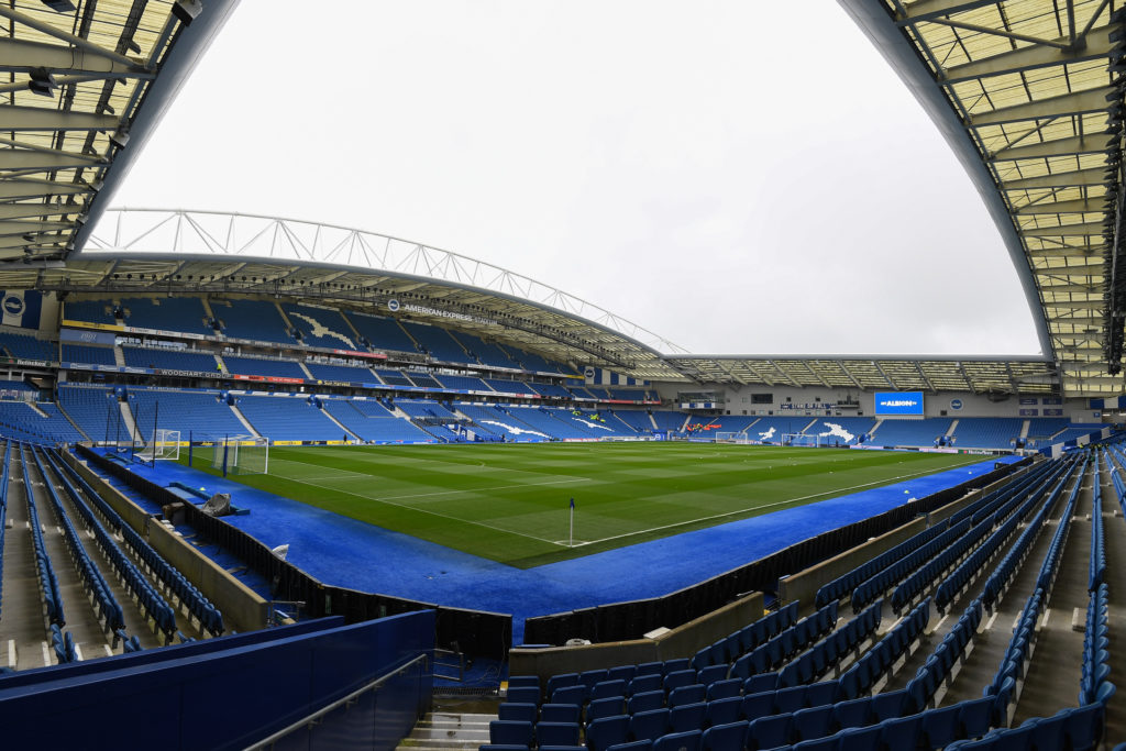 A general view inside the American Express Community Stadium, home to Brighton and Hove Albion, is being shown ahead of the Premier League match between Brighton and Hove Albion and Nottingham Forest in Brighton and Hove, UK, on March 10, 2024.