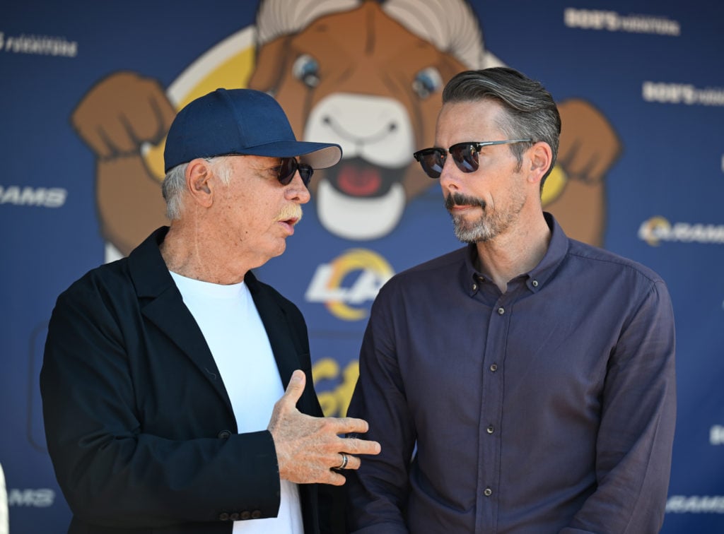 Arsenal owners Stan Kroenke and Josh Kroenke speak during a pre-season camp