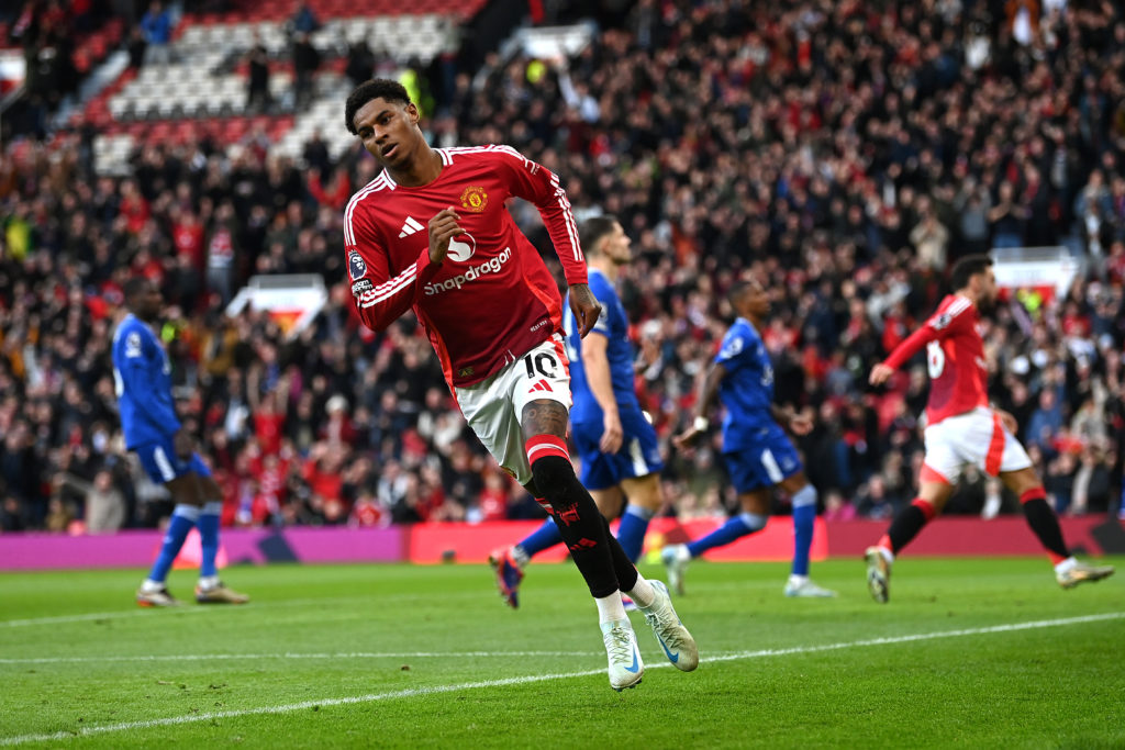 Marcus Rashford celebrates scoring for Manchester United vs Everton at Old Trafford