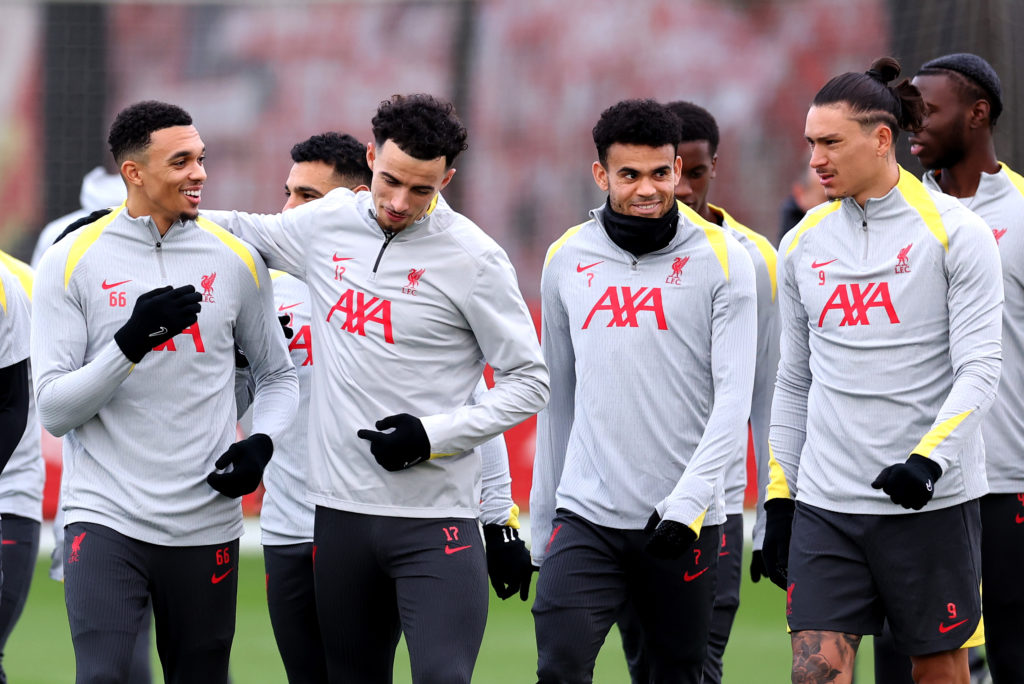 Trent Alexander-Arnold, Curtis Jones, Luis Diaz and Darwin Nunez of Liverpool during the UEFA Champions League 2024/25 League Phase MD6 training session at AXA Melwood Training Centre on December 09, 2024