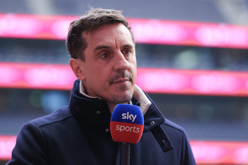 Gary Neville speaks during Tottenham vs Manchester United in the Premier League