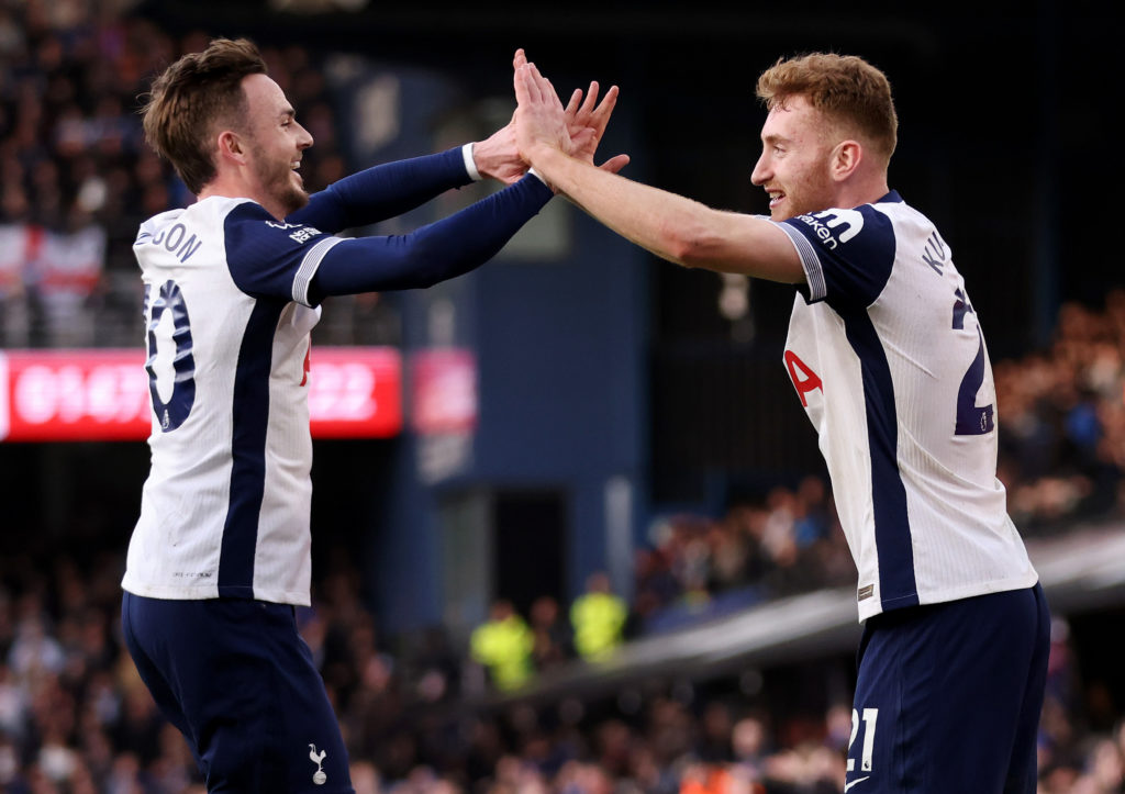 Dejan Kulusevski of Tottenham Hotspur celebrates scoring his team's fourth goal with teammate James Maddison