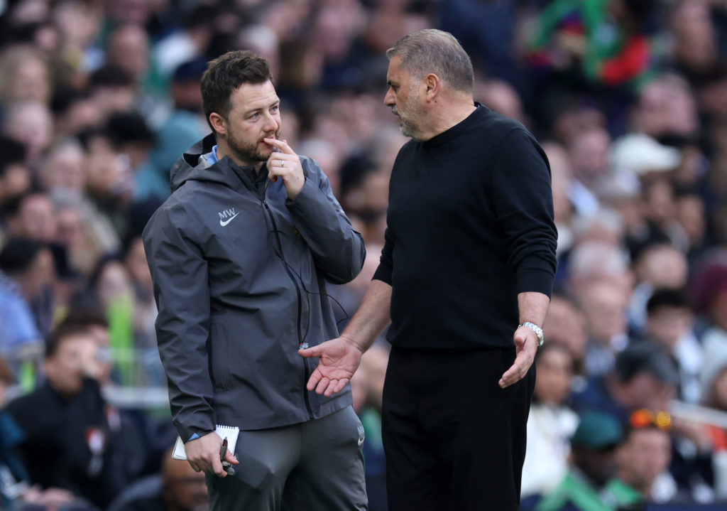 Matt Wells talks to Ange Postecoglou during Tottenham Hotspur v AFC Bournemouth.
