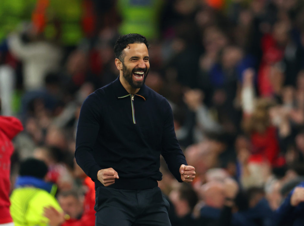 Ruben Amorim reacts to Manchester United scoring against Lyon in the Europa League 2024/25