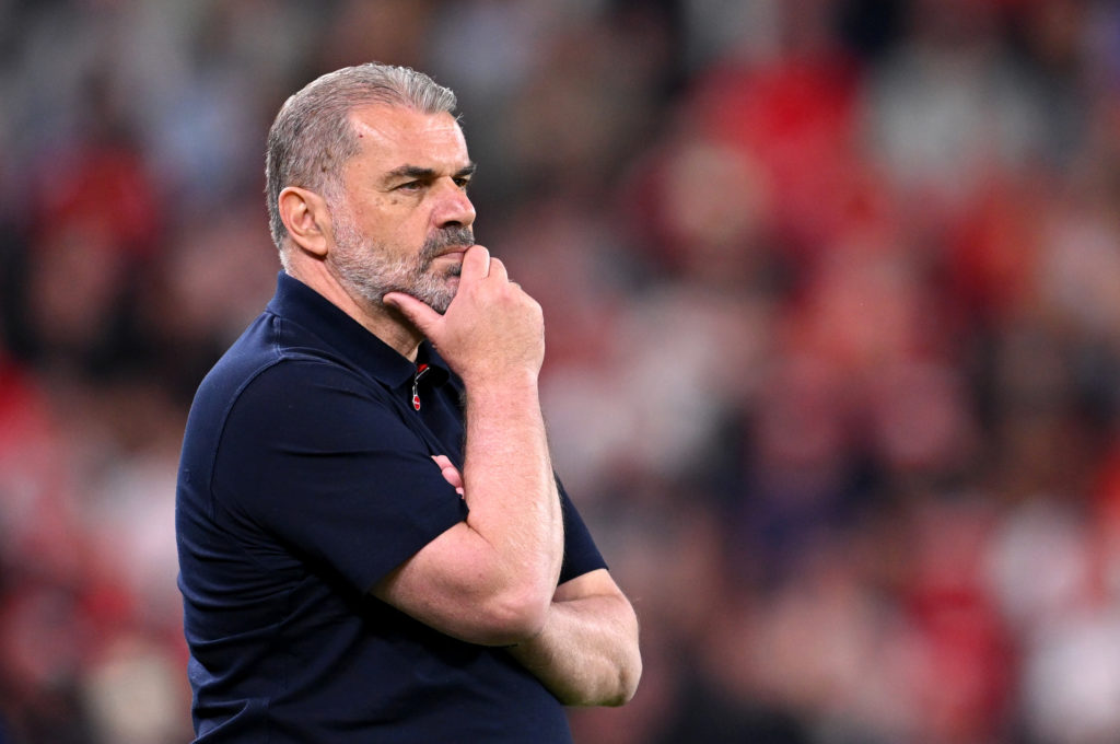 Ange Postecoglou looks on before Tottenham vs Manchester United in the 2025 Europa League final