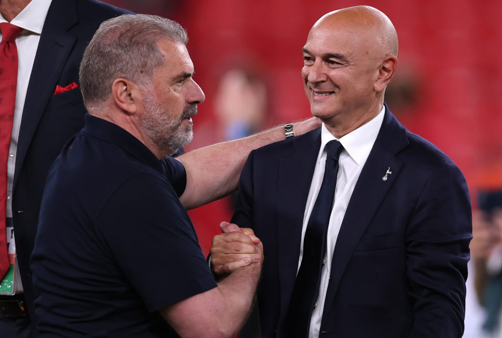 Daniel Levy, Chairman of Tottenham Hotspur, greets Ange Postecoglou, Manager of Tottenham Hotspur, following the UEFA Europa League Final 2025 between Tottenham Hotspur and Manchester United