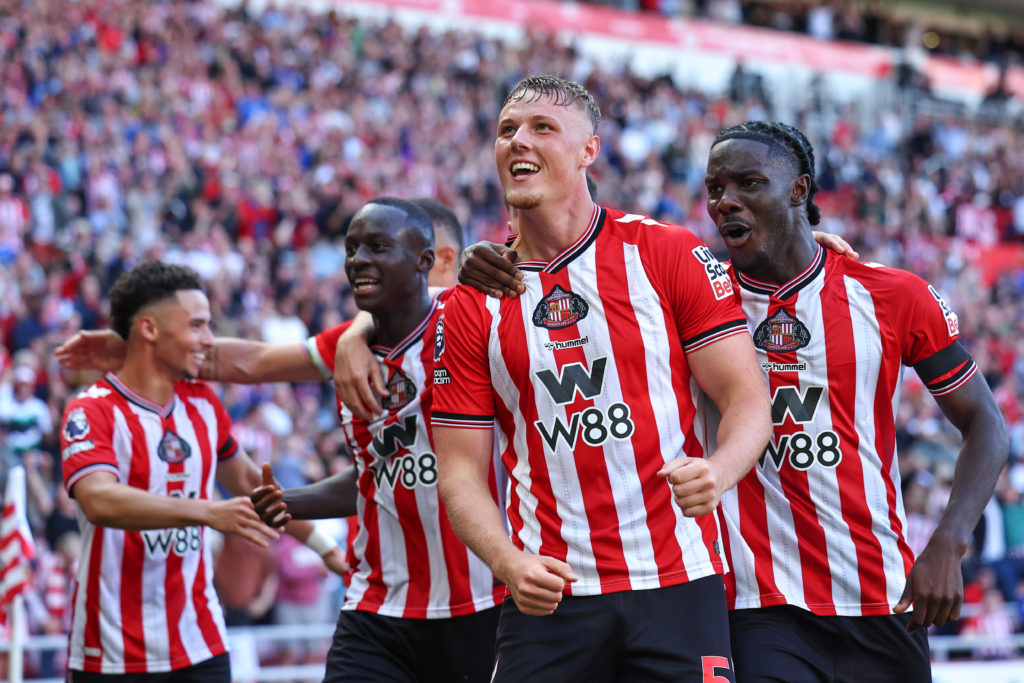 Sunderland players celebrate after scoring against West Ham