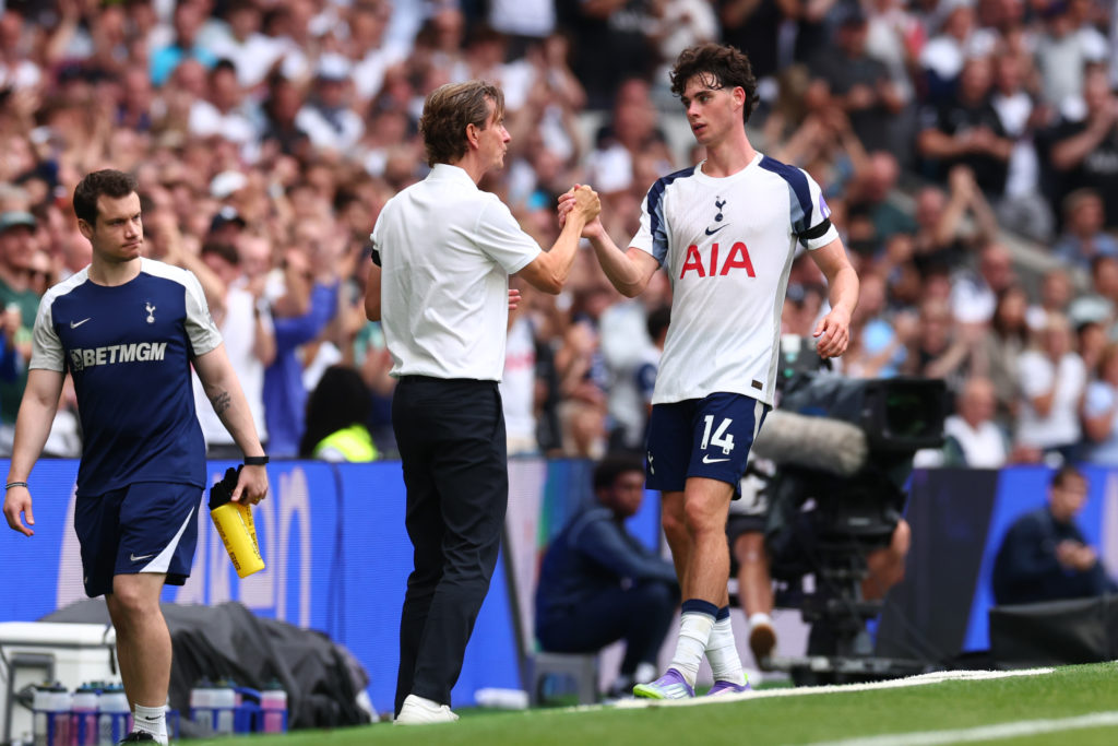 Archie Gray and Thomas Frank during Tottenham Hotspur v Burnley in the Premier League