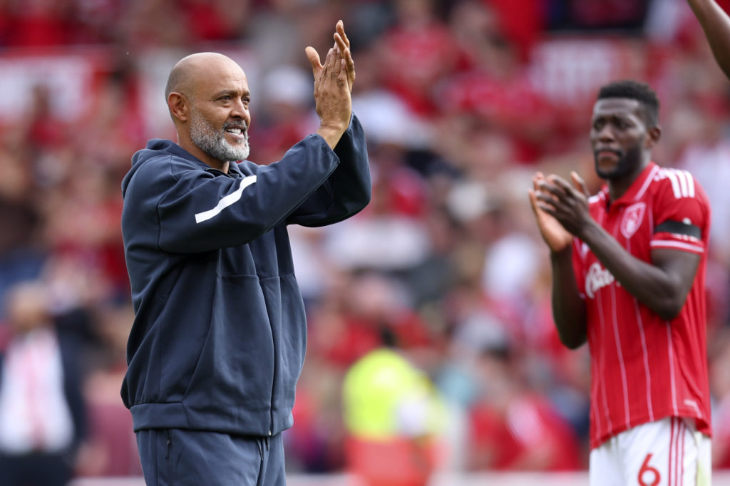Nuno Espirito Santo applauds Nottingham Forest supporters at the City Ground