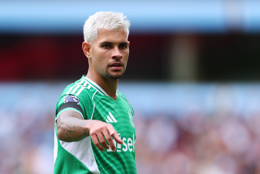 Bruno Guimaraes looks on during Aston Villa vs Newcastle