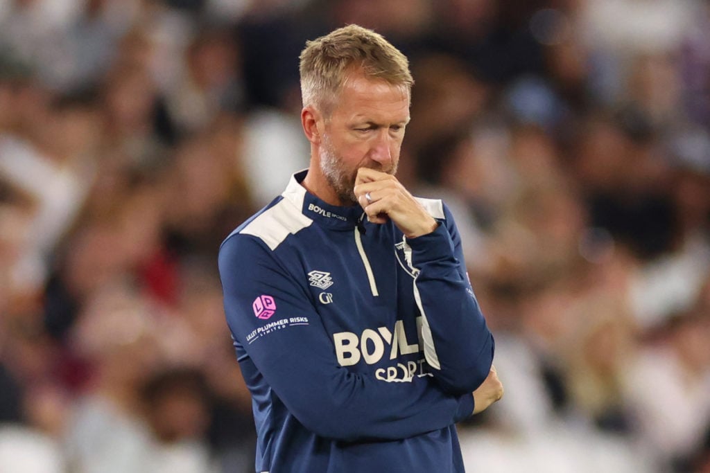 Graham Potter looks dejected during a Premier League clash between West Ham and Chelsea