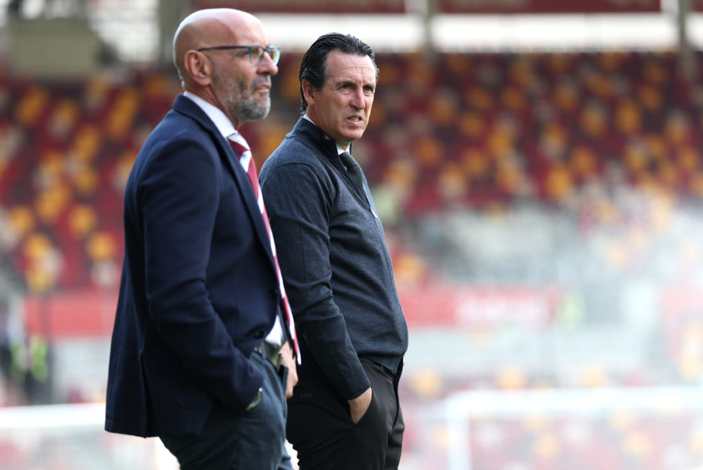 Unai Emery and Monchi look on before Brentford vs Aston Villa