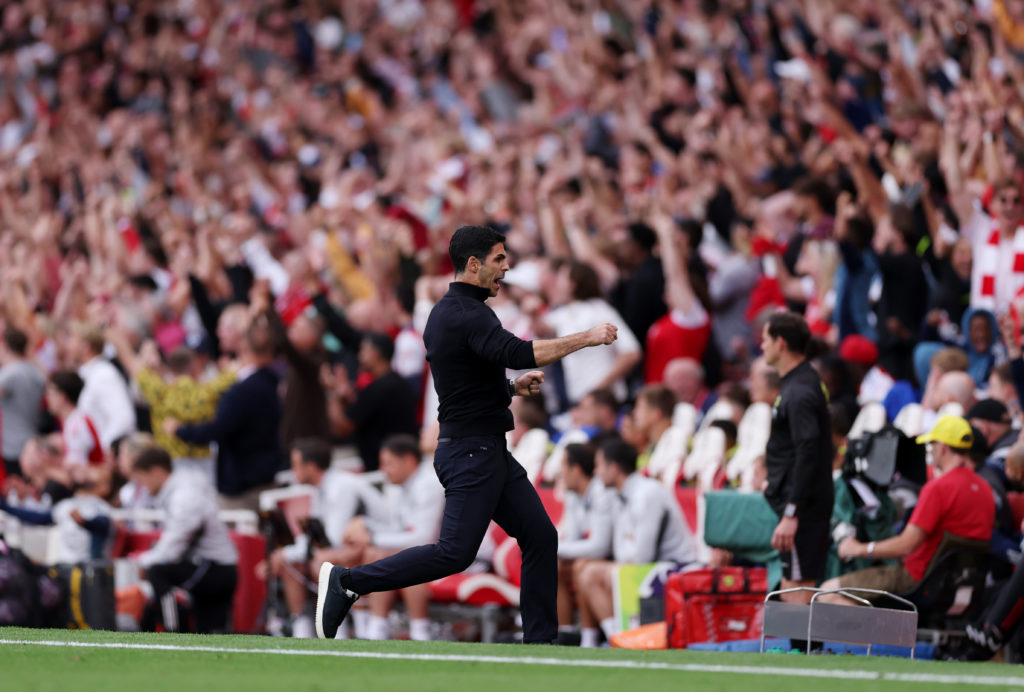 Mikel Arteta, Manager of Arsenal, celebrates his team's second goal during the Premier League match between Arsenal and Leeds United at Emirates Stadium on August 23, 2025