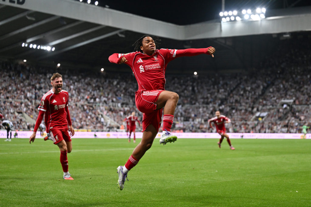Rio Ngumoha celebrates after scoring Liverpool's winning goal against Newcastle