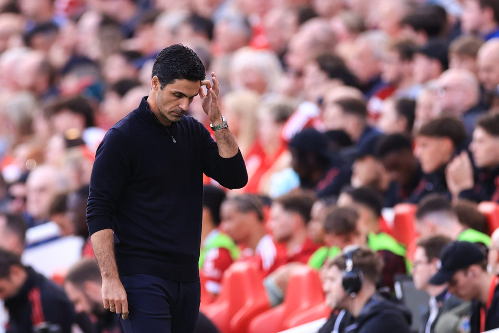 Mikel Arteta reacts during the Premier League match between Liverpool and Arsenal
