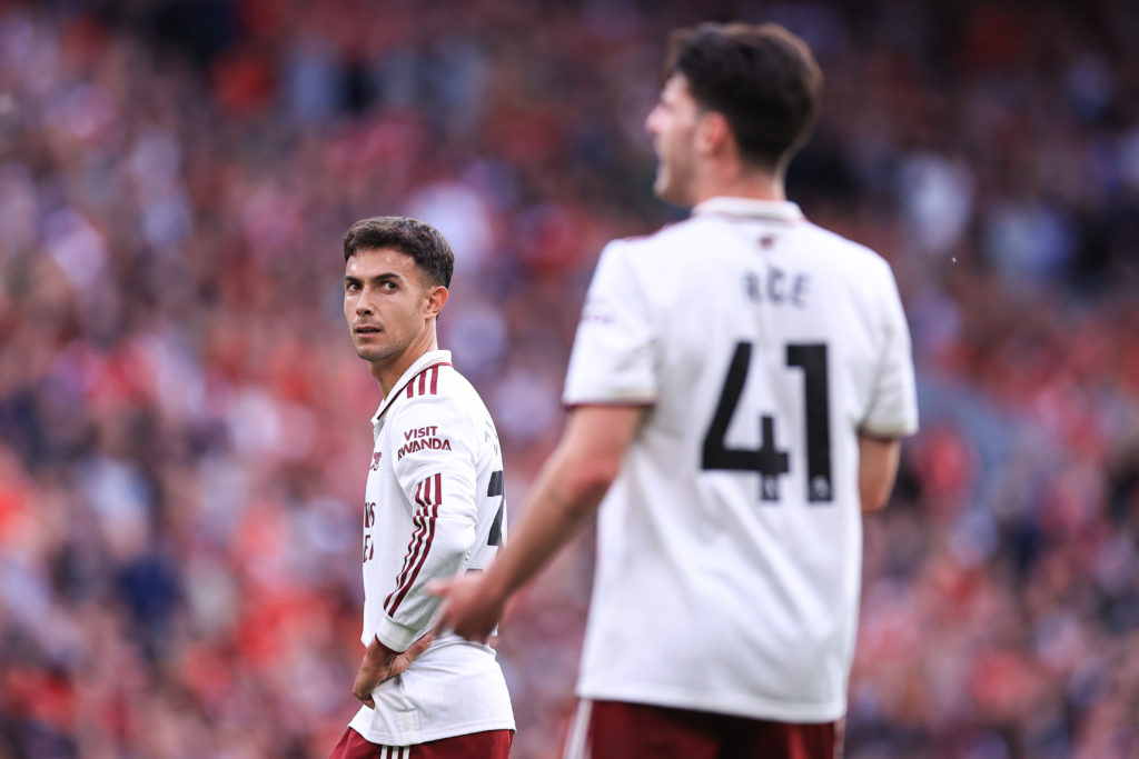 Martin Zubimendi of Arsenal and Declan Rice of Arsenal during the Premier League match between Liverpool and Arsenal at Anfield on August 31, 2025