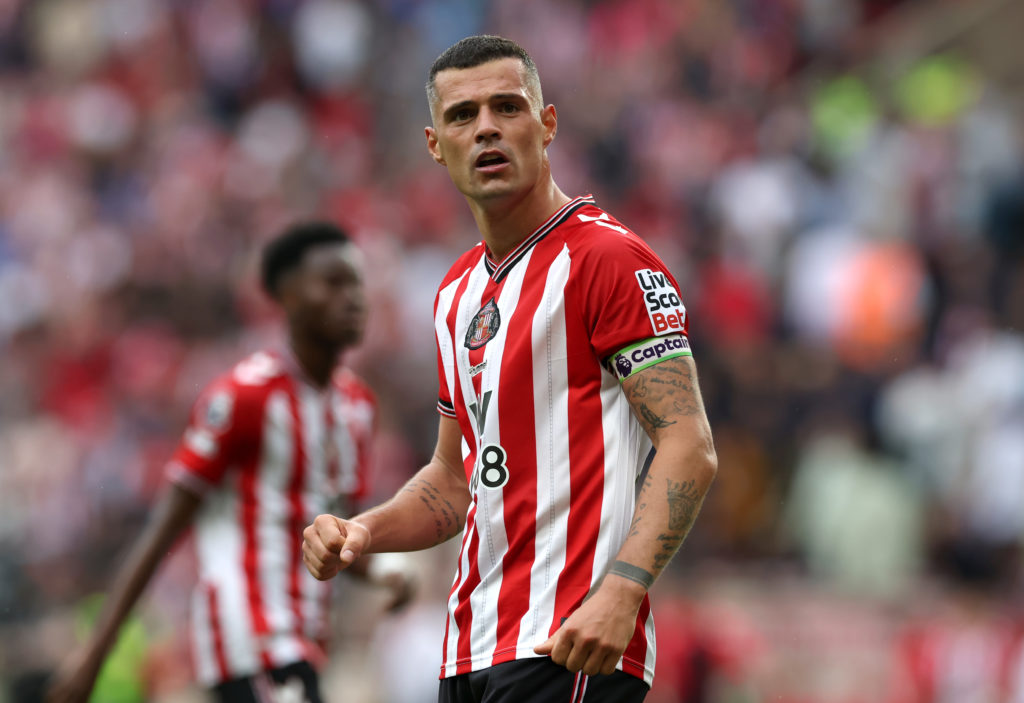 Granit Xhaka looks on during Sunderland vs Brentford in the Premier League