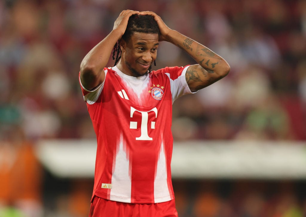 Michael Olise of FC Bayern München looks dejected during the Bundesliga match between FC Augsburg and FC Bayern München at WWK-Arena.