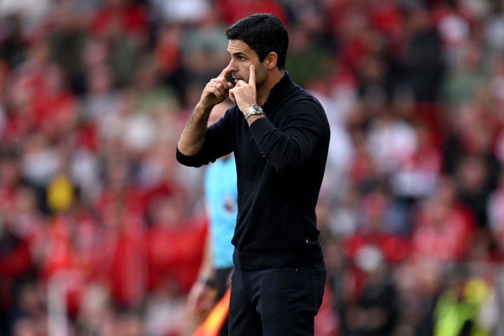 Mikel Arteta, Manager of Arsenal, gestures during the Premier League match between Liverpool and Arsenal at Anfield.