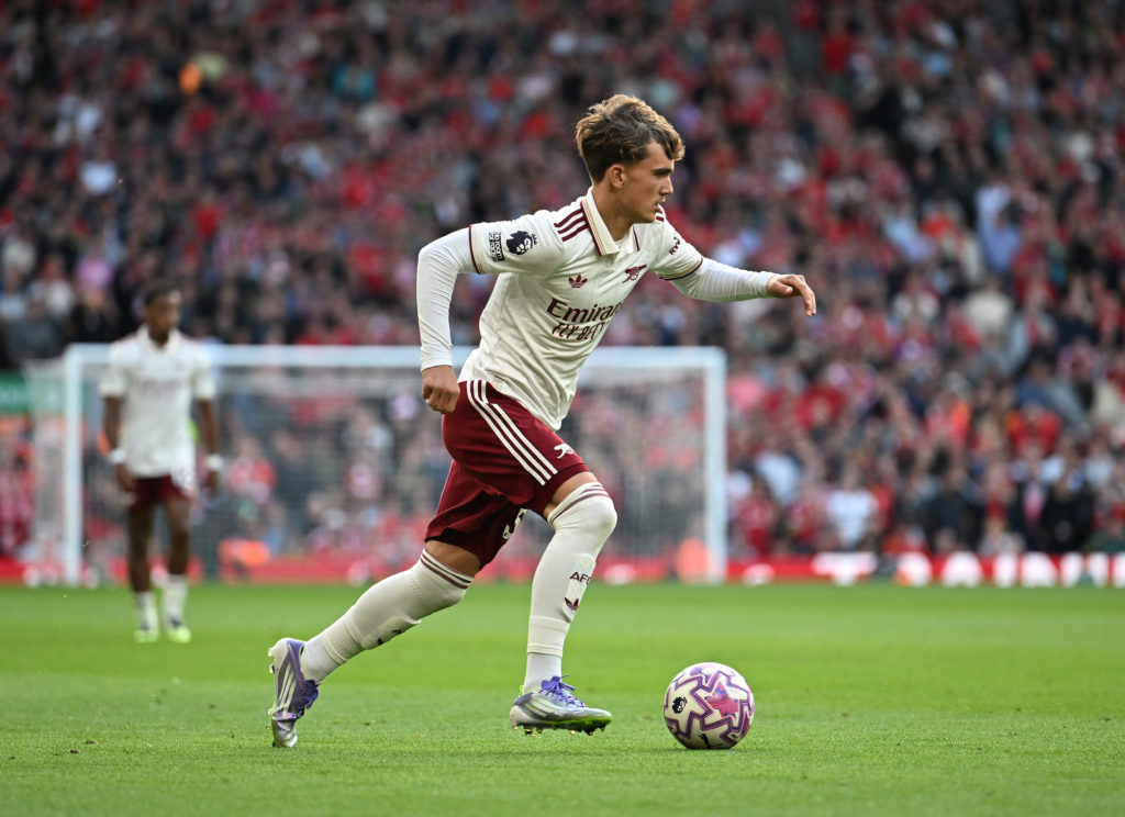 Max Dowman dribbles with the ball during Liverpool vs Arsenal